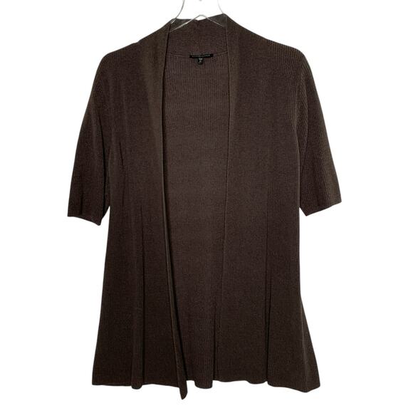 Eileen Fisher L Petite Chocolate Brown Silk Blend Cardigan Short Sleeve Ribbed - Picture 1 of 8